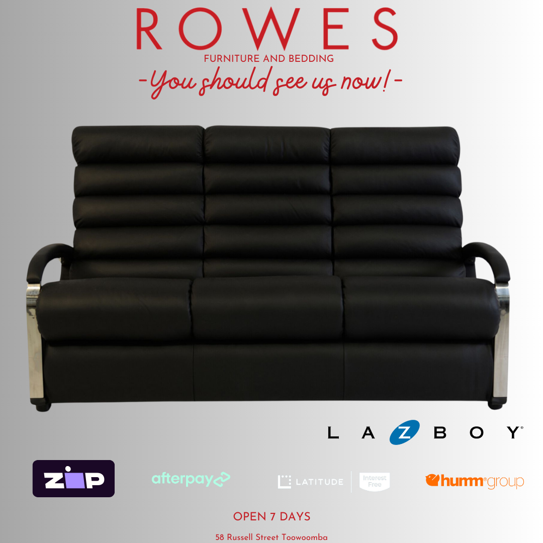A black LaZboy Anika 3 seat sofa with stainless steel arms and a black base, presented by Rowes Furniture and Bedding.