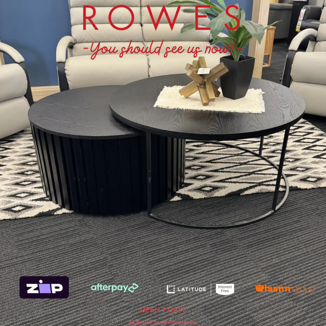 Round wooden nesting coffee table with Rowes branding.