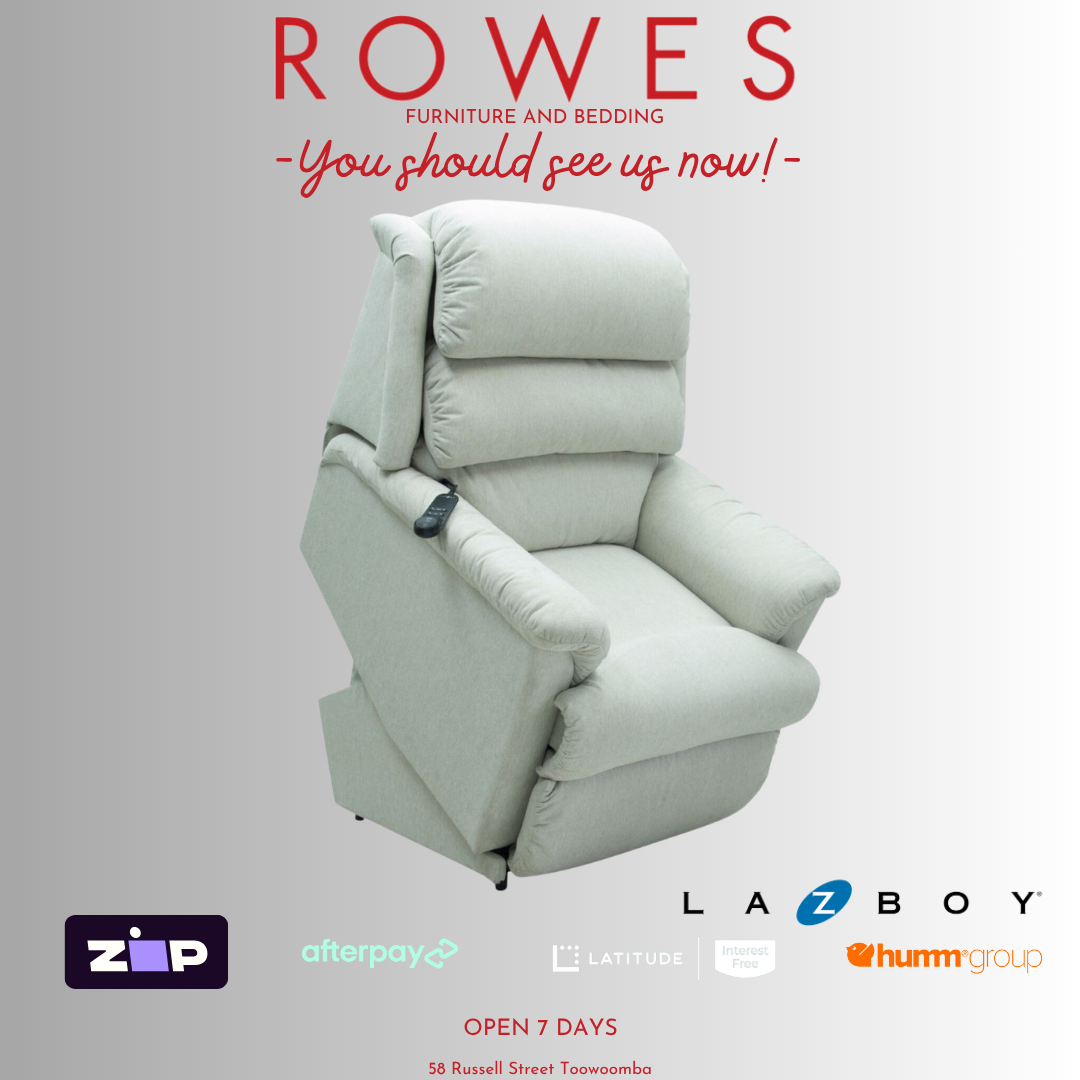 Light gray recliner chair with 'Rowes Furniture and Bedding' text and logos on a light gray background