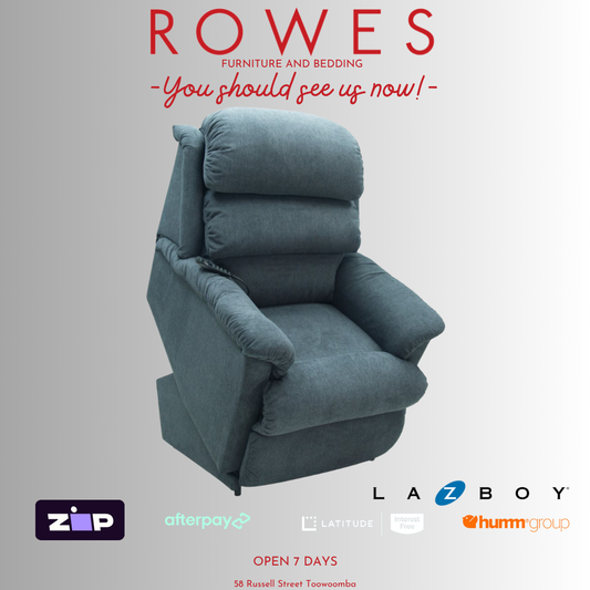 Blue recliner chair with promotional text and logos on a gray background