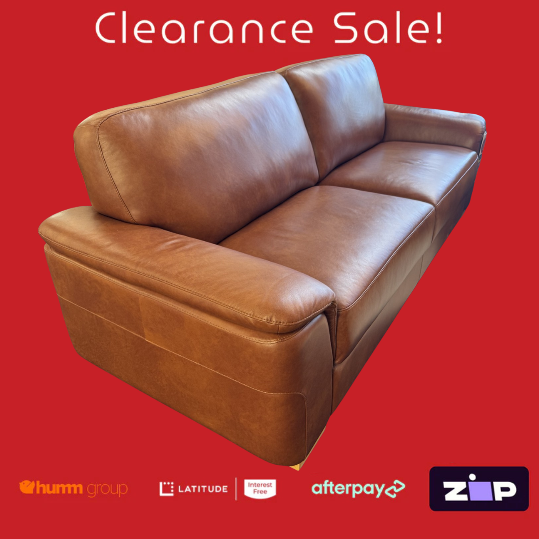 Brown leather sofa on a red background with clearance sale text and payment options logos.