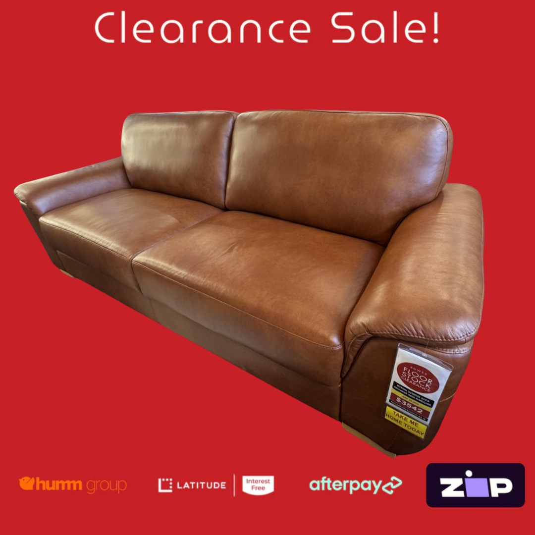 Brown leather sofa on a red background with clearance sale text and payment logos.