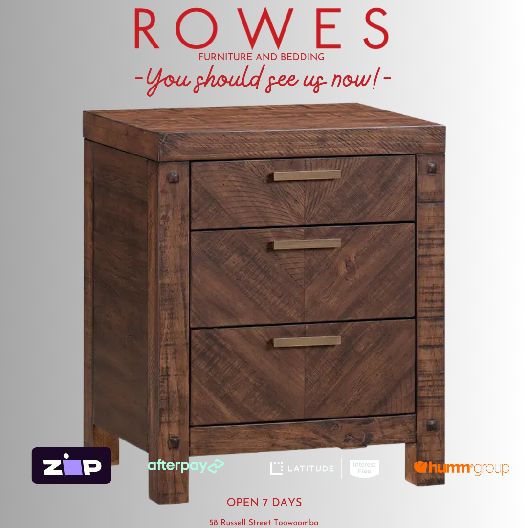 A wooden bedside with three drawers against "Rowes" branding.