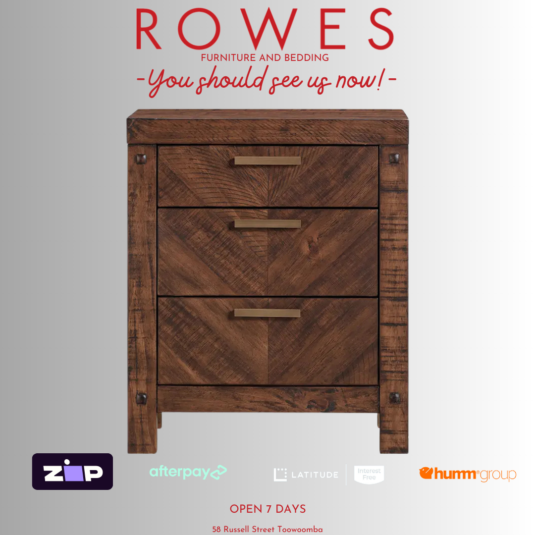 A brown wooden bedside table with three drawers, the Colchester Bedside from ROWES Furniture and Bedding.