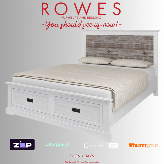 White bed with wooden headboard and storage drawers on a gray background, featuring 'Rowes Furniture and Bedding' text.