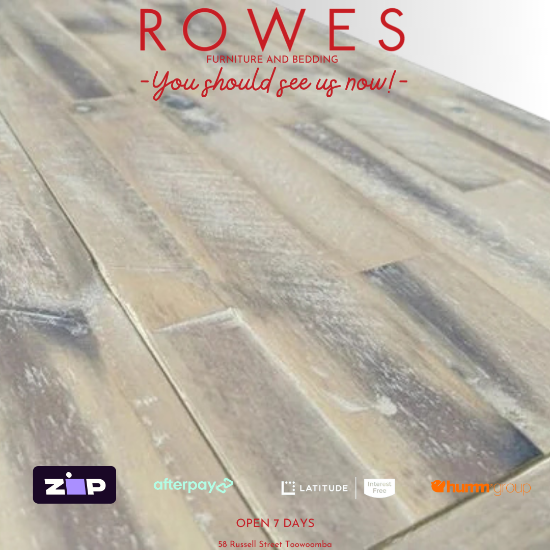 Wooden flooring with 'Rowes' branding and payment options displayed.