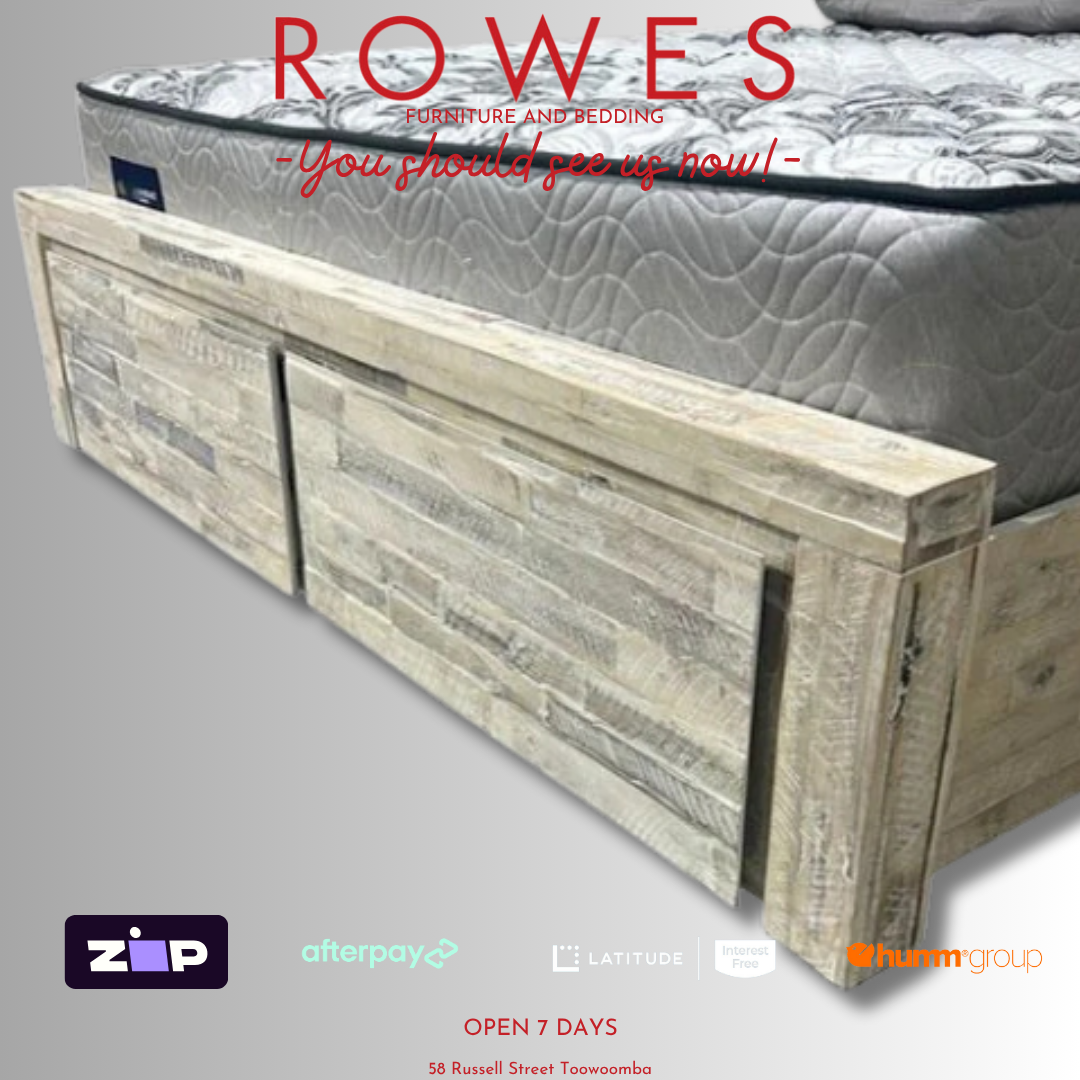 Wooden bed frame with mattress on a gray background, featuring Rowes Furniture and Bedding branding.