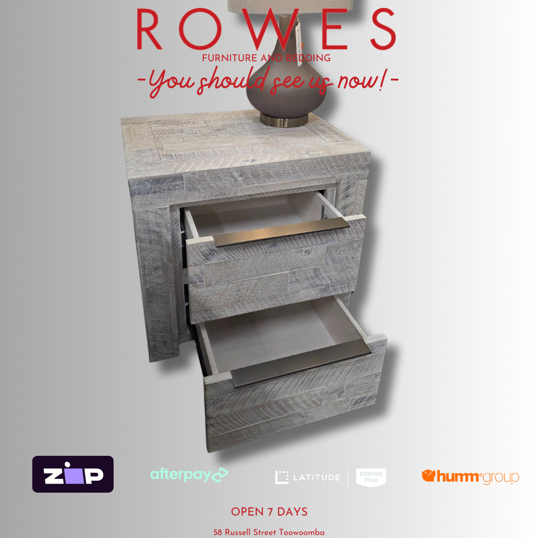 Gray wooden nightstand with open drawer on a white background, featuring 'Rowes' furniture brand.