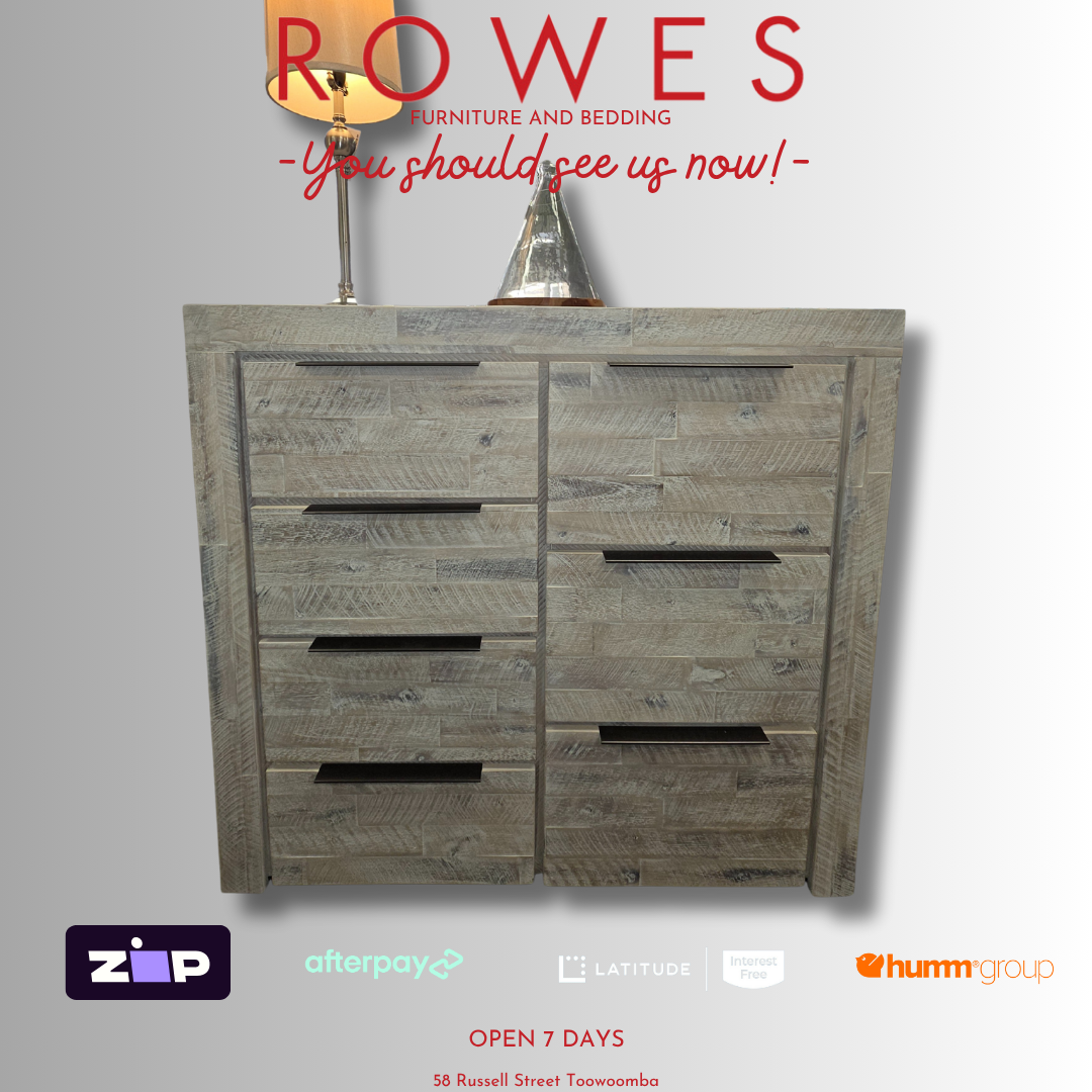Wooden dresser with two lamps on a gray background, featuring ROWES branding and payment options.