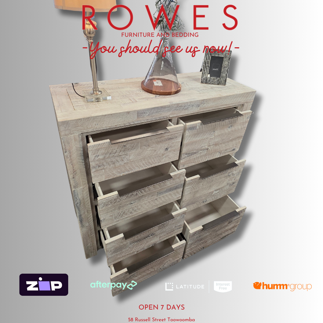 Wooden dresser with 'Rowes Furniture and Bedding' advertisement on a gray background