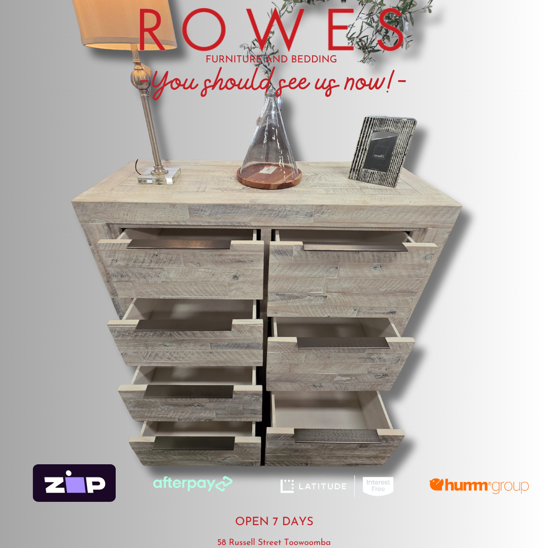 Wooden dresser with decorative items on a gray background, featuring Rowes Furniture and Bedding branding.