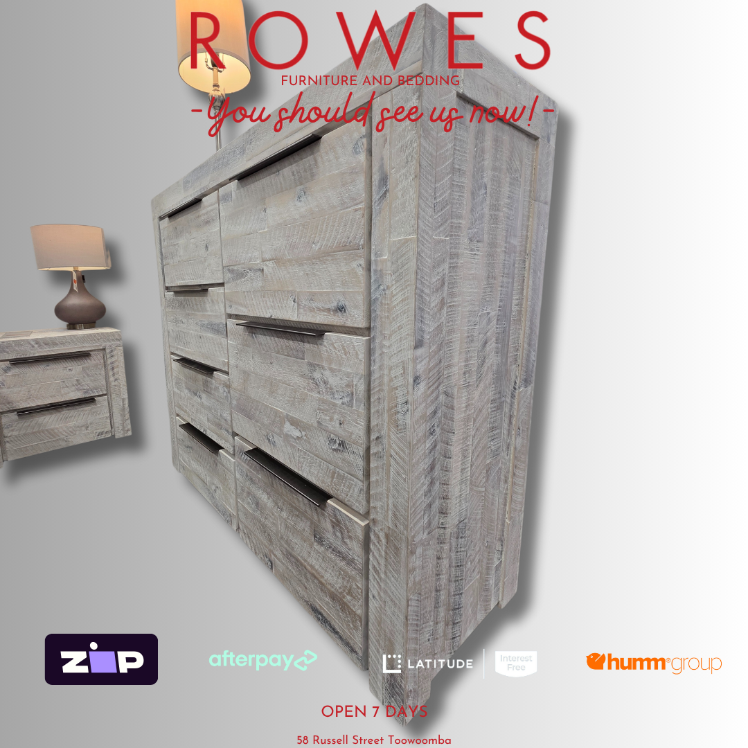 Wooden dresser with 'Rowes' branding and furniture-related logos on a gray background