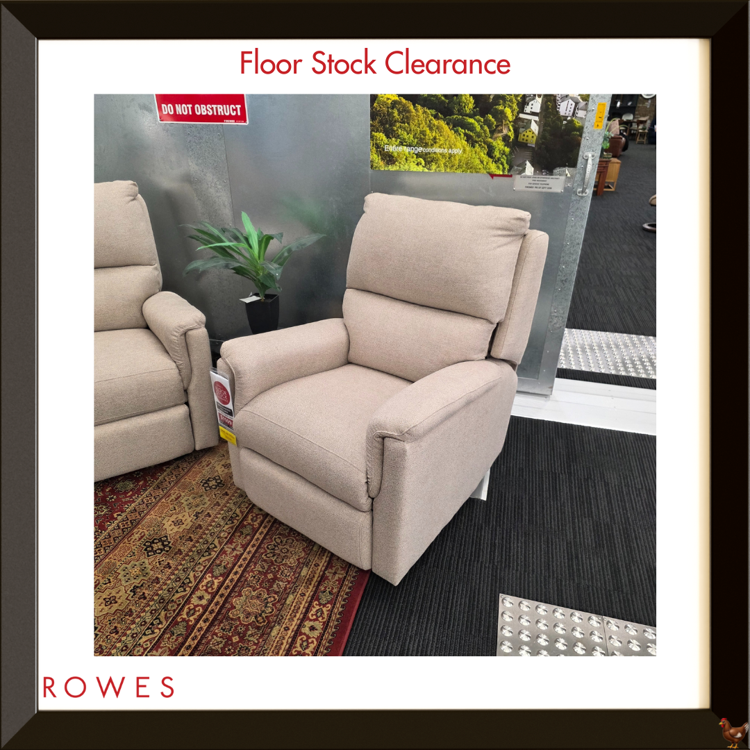 Beige recliner chair in a showroom with 'Floor Stock Clearance' text and ROWES branding.