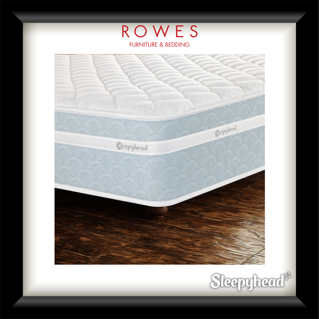Sleepyhead mattress on a wooden floor with 'Rowes Furniture & Bedding' branding.