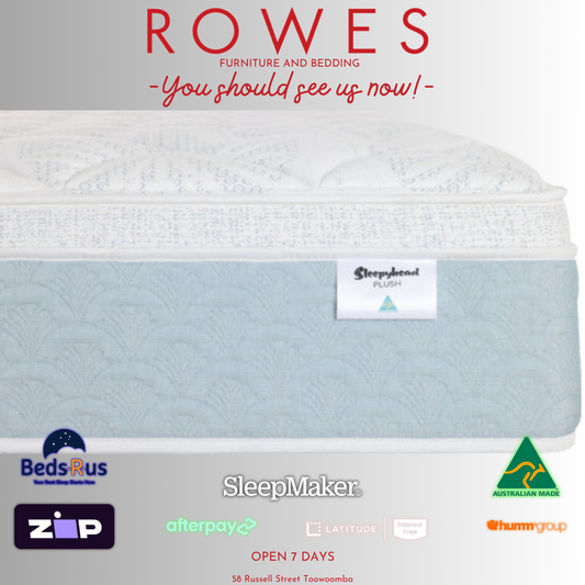 The image shows the top view of a white mattress with branding labels indicating the store 'Rowes - You should see us now!' and the mattress brand 'SleepMaker'. It also features logos for 'BedsRus' and 'Afterpay'.