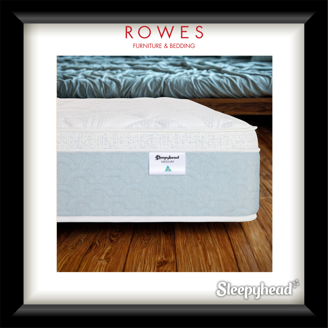 Sleepyhead mattress on a wooden floor with 'Rowes Furniture & Bedding' branding.
