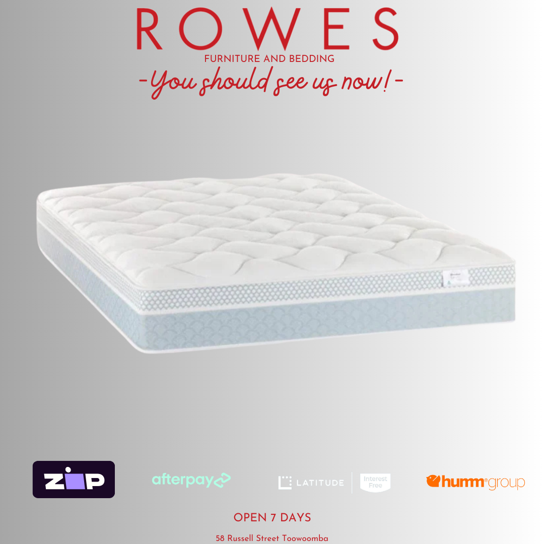 The image shows the top view of a white mattress with branding labels indicating the store 'Rowes - You should see us now!'. It also features logos for 'BedsRus' and 'Afterpay'.