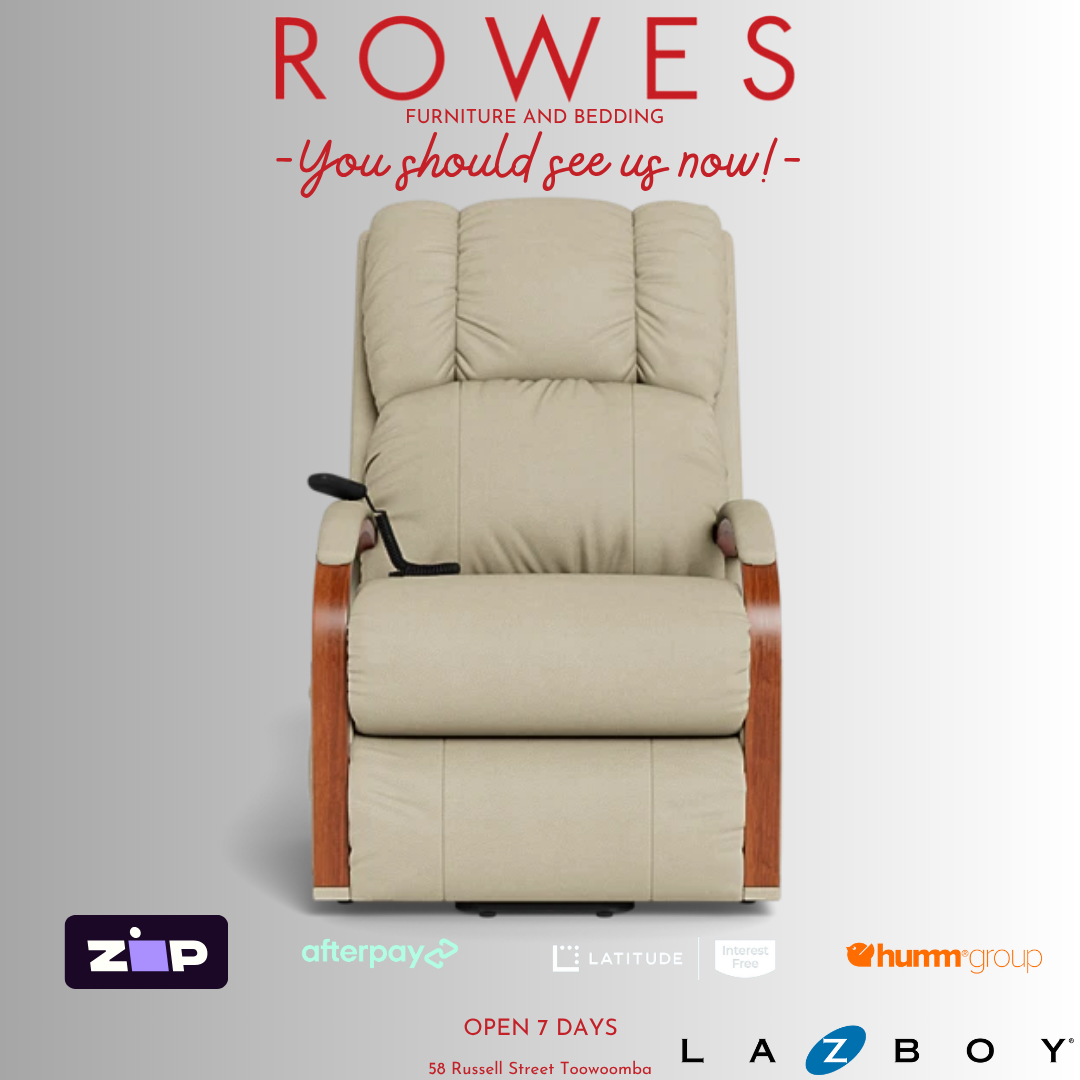 Beige recliner chair with wooden armrests on a gray background, featuring 'Rowes' furniture and bedding brand.