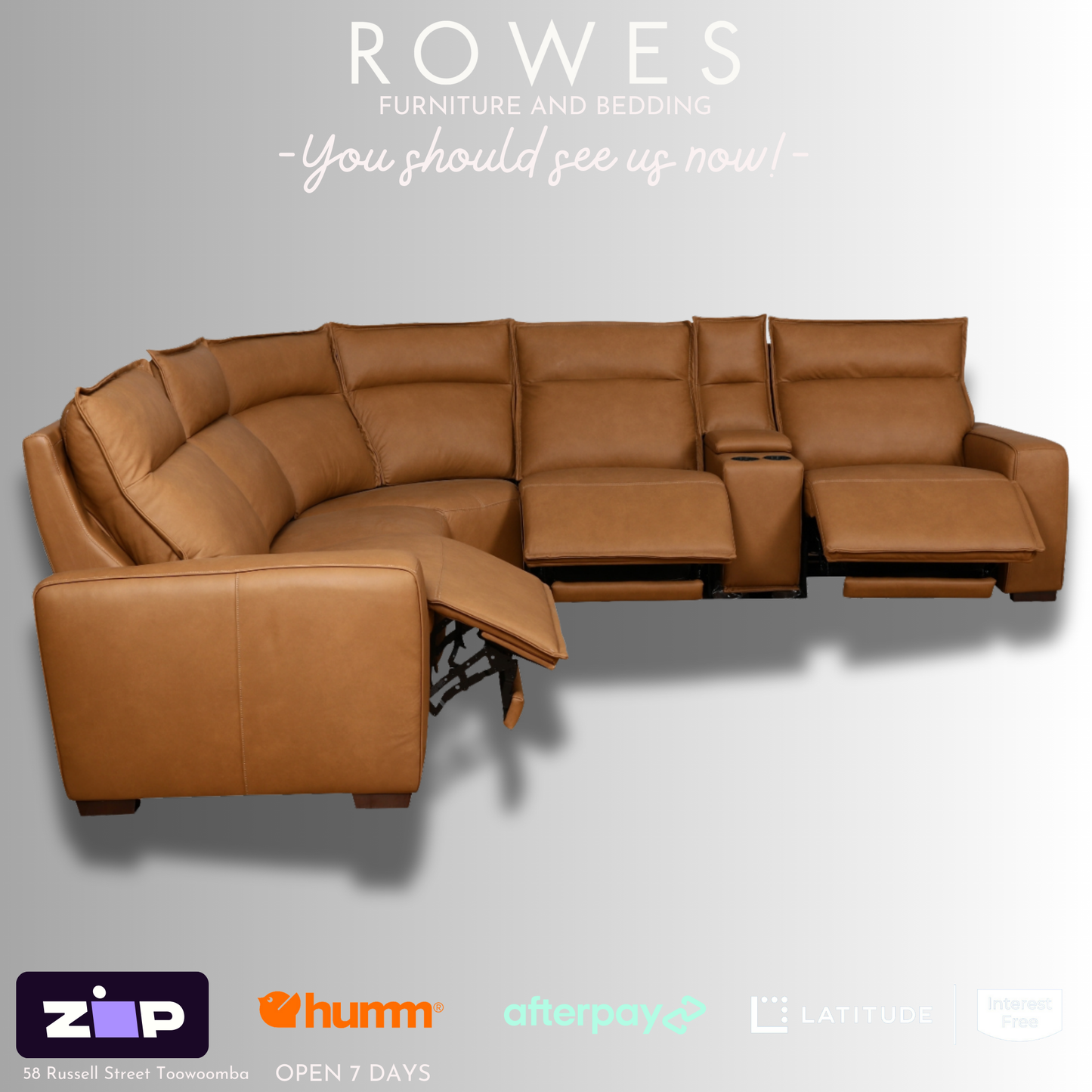 LaZboy Leather Modular Sofa against a grey background featuring Rowes branding.