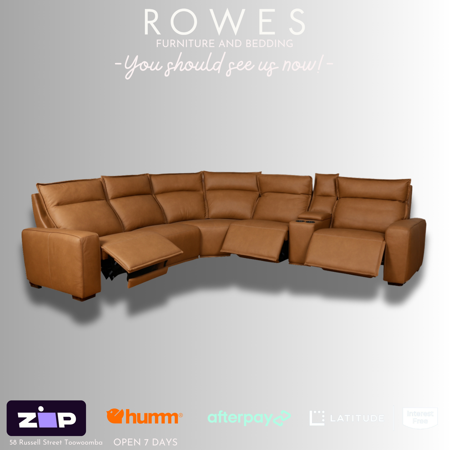 LaZboy Leather Modular Sofa against a grey background featuring Rowes branding.
