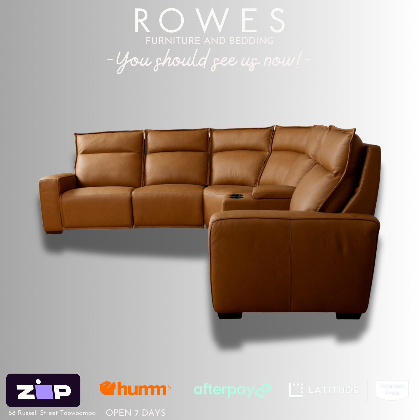 LaZboy Leather Modular Sofa against a grey background featuring Rowes branding.