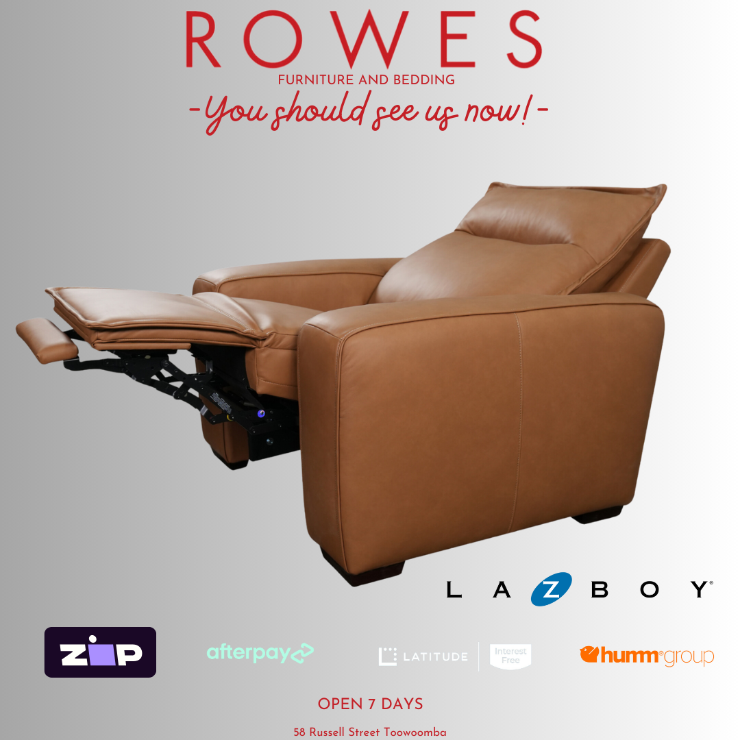 Brown LaZboy leather recliner against a grey background and Rowes branding.