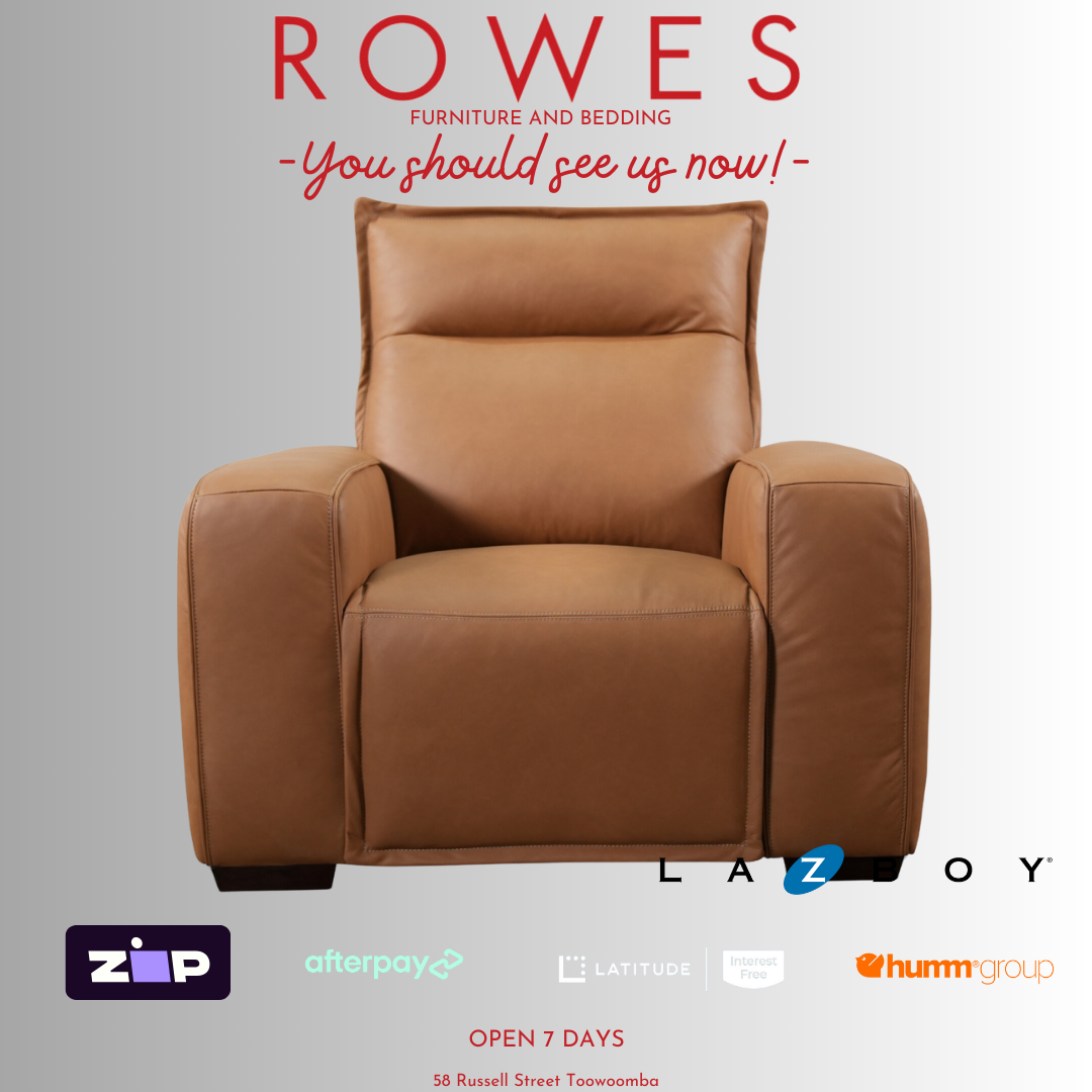 Brown LaZboy leather recliner against a grey background and Rowes branding.