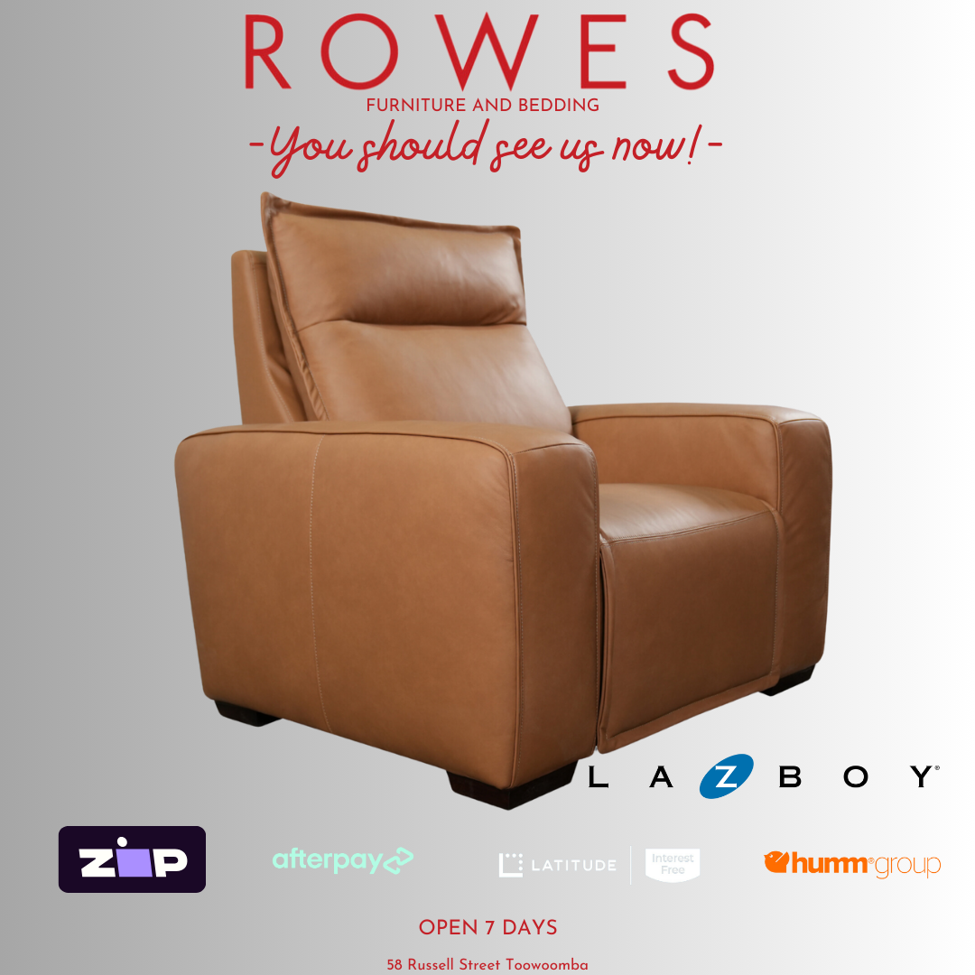 Brown LaZboy leather recliner against a grey background and Rowes branding.