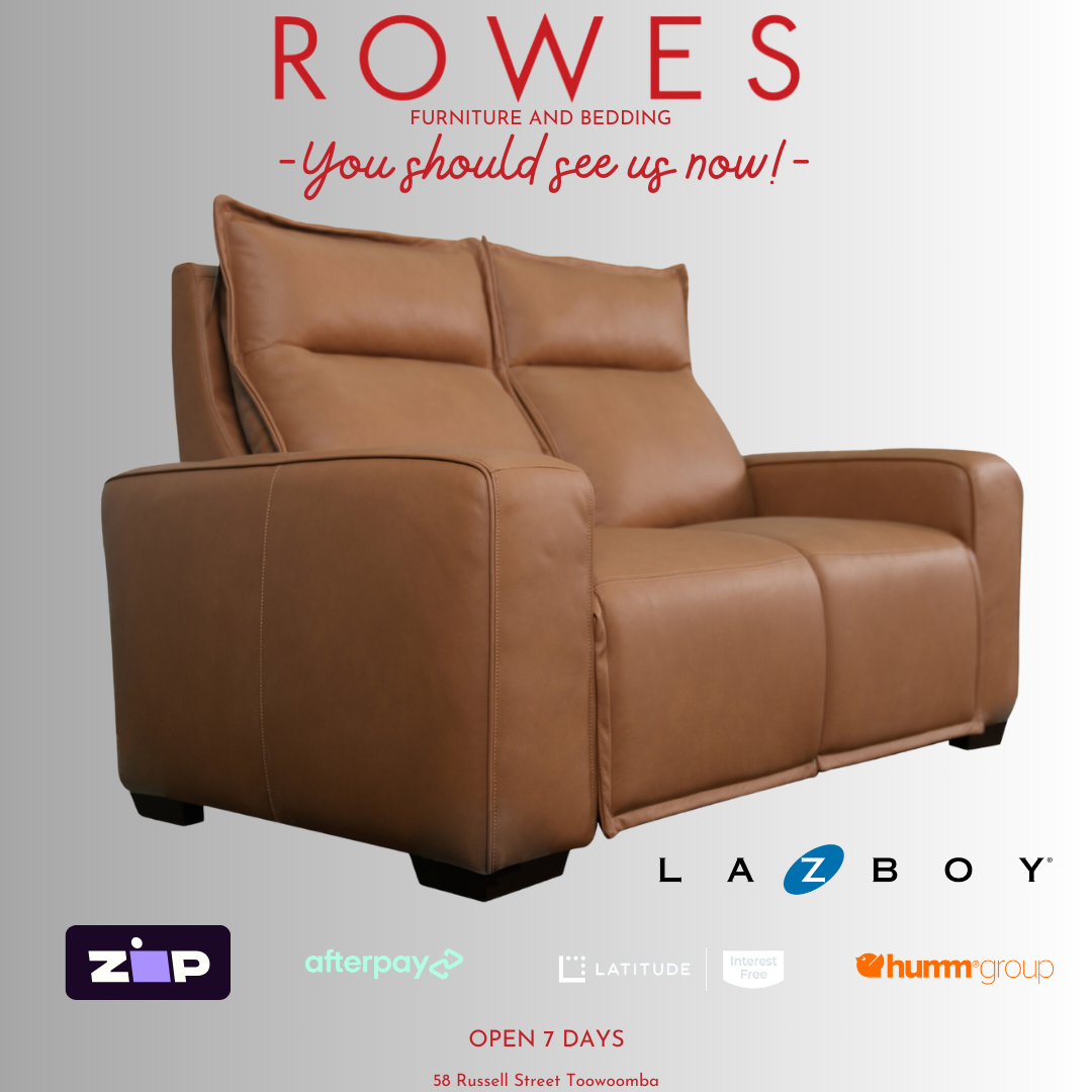 Brown LaZboy 2 seater leather sofa against a grey background featuring Rowes branding.