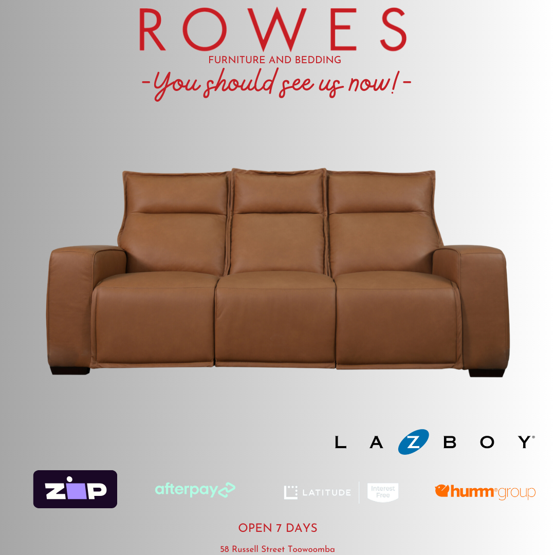 Brown LaZboy 3 seater leather sofa against a grey background featuring Rowes branding.