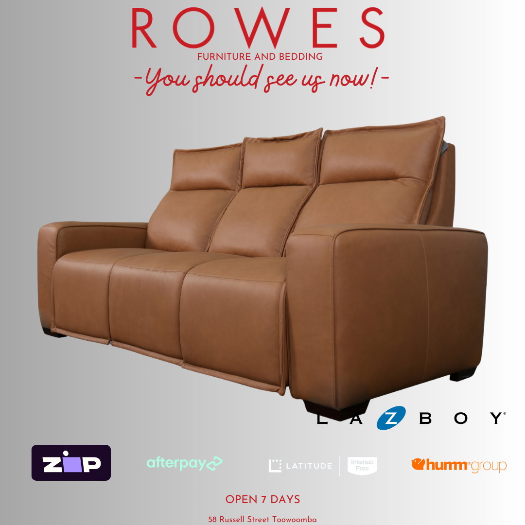 Brown LaZboy 3 seater leather sofa against a grey background featuring Rowes branding.