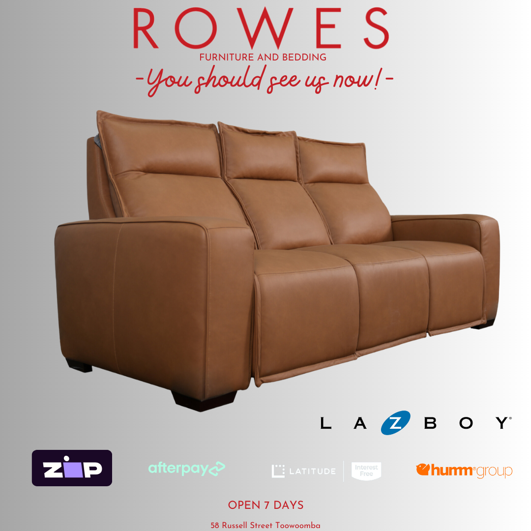 Brown LaZboy 3 seater leather sofa against a grey background featuring Rowes branding.