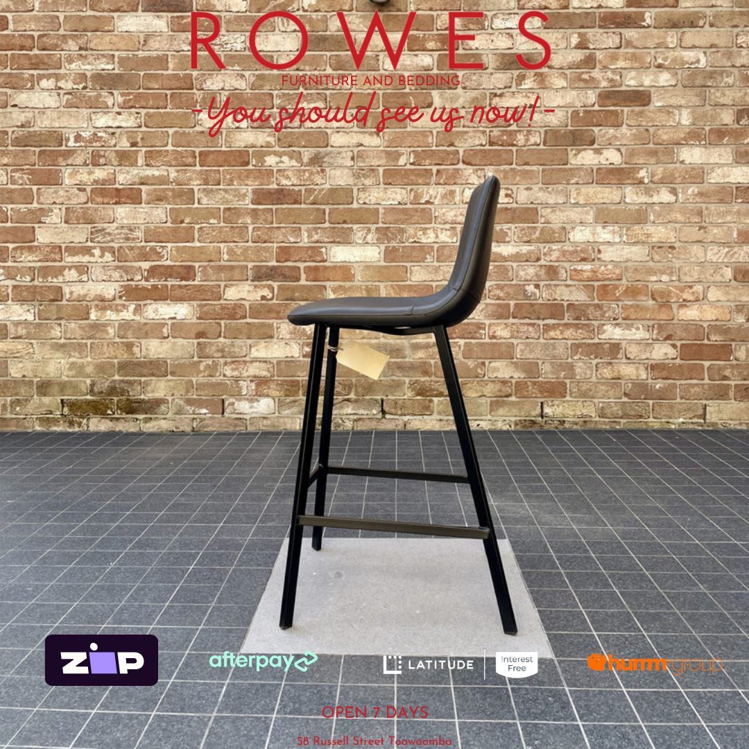 Black bar stool against a brick wall with 'Rowes' branding and payment options displayed.