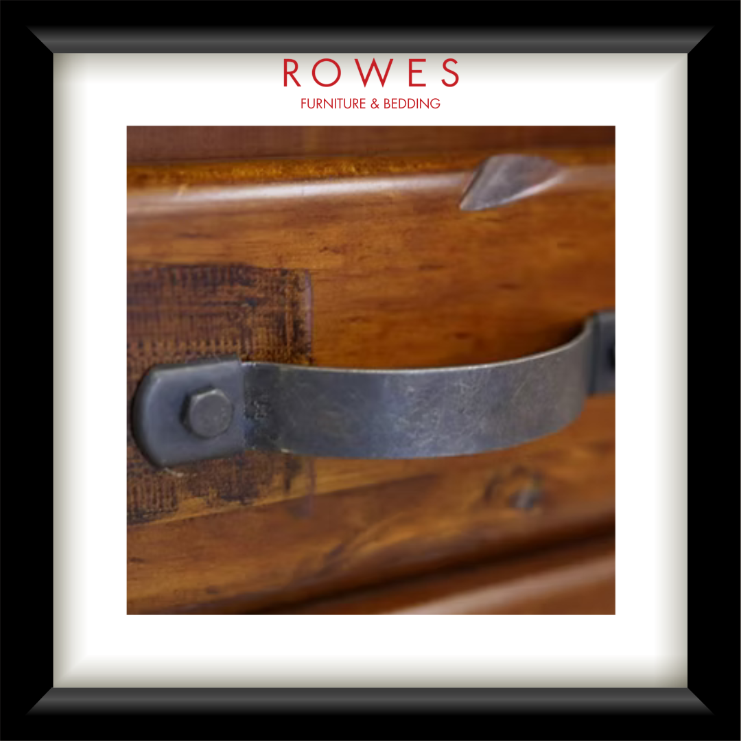 Close-up of a wooden product with metal strap and 'Rowes Furniture & Bedding' logo.