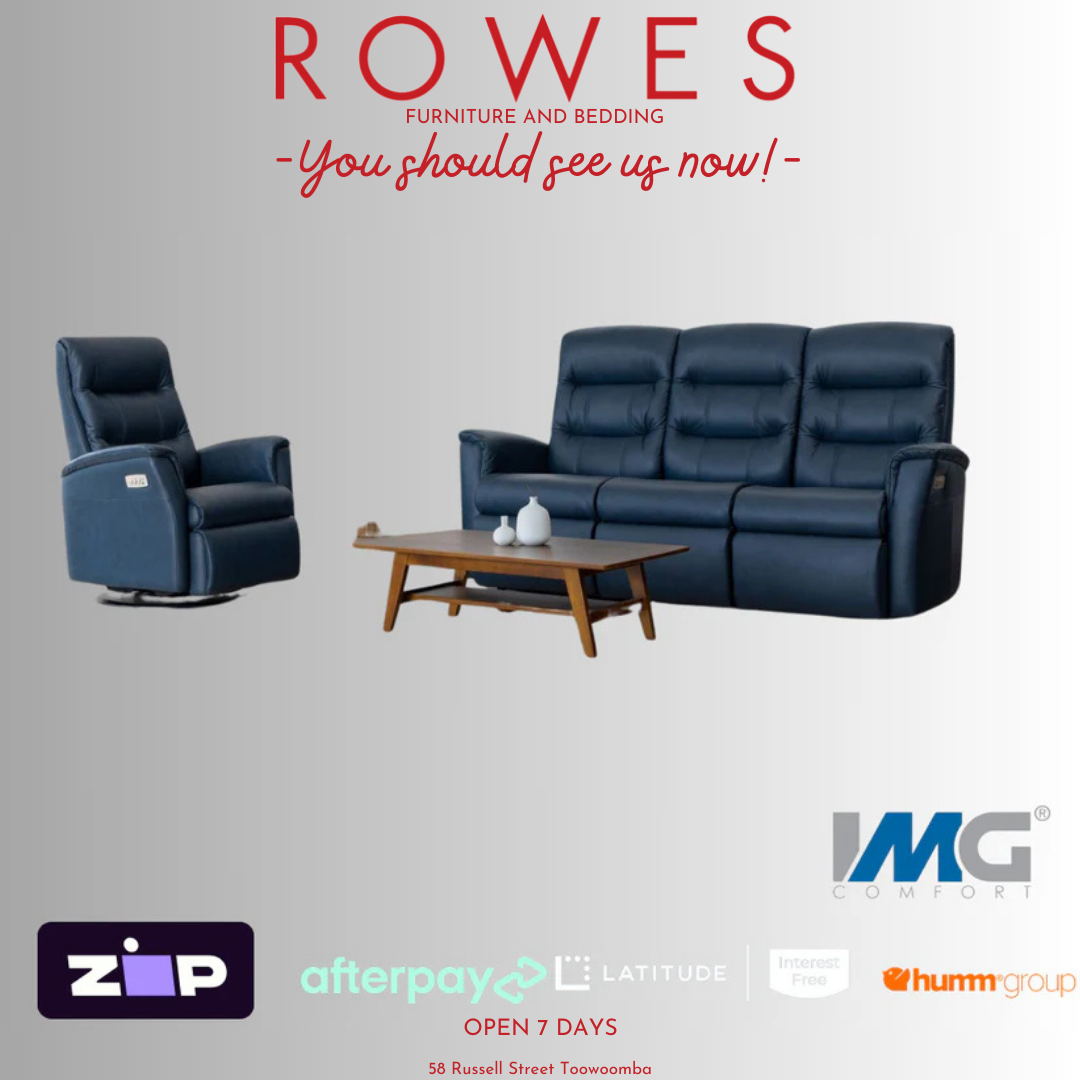 Leather lounge suite and coffee table set against a grey background and featuring the Rowes and IMG logos