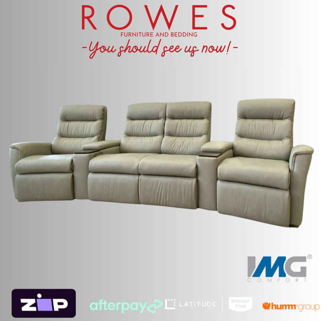 Leather four seater lounge theatre suite set against a grey background and featuring the Rowes and IMG branded logos