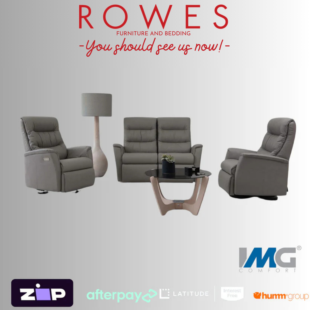 Leather Lounge suite and furniture set against a grey background, featuring the Rowes and IMG logos