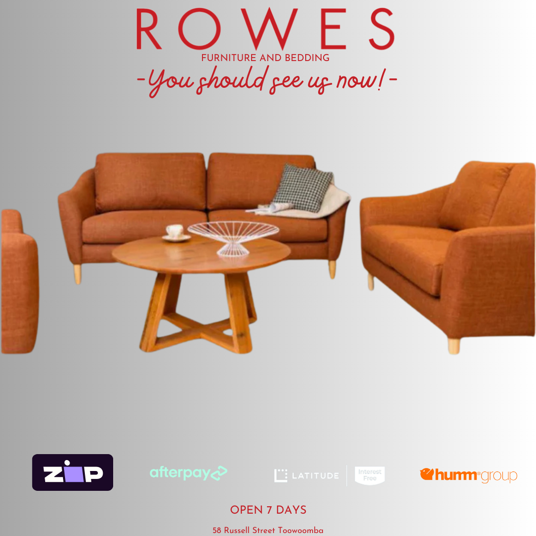 A set of brown upholstered living room furniture, including a sofa and armchairs around a circular wooden table, with a promotional banner at the top.