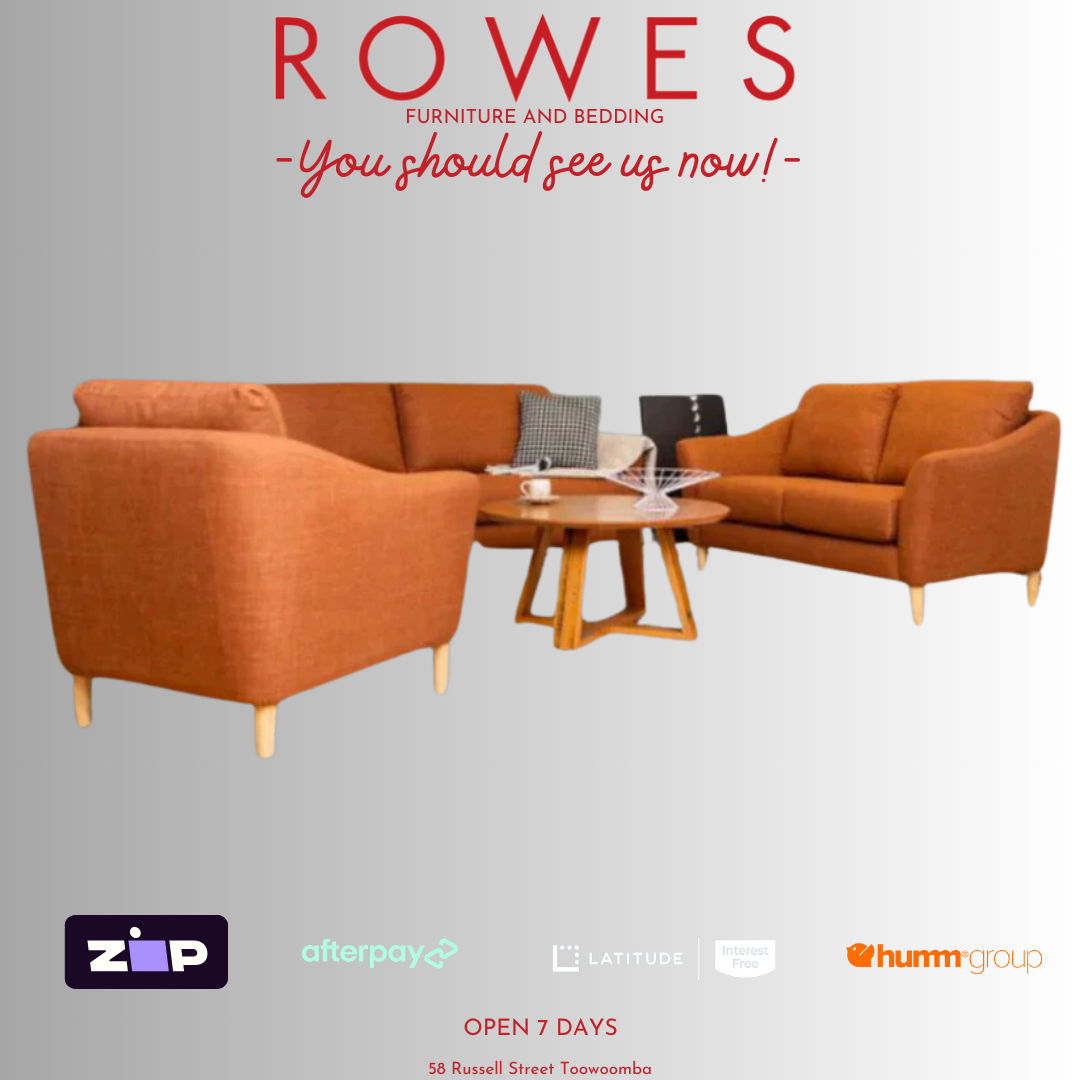A set of brown upholstered living room furniture, including a sofa and armchairs around a circular wooden table, with a promotional banner at the top.