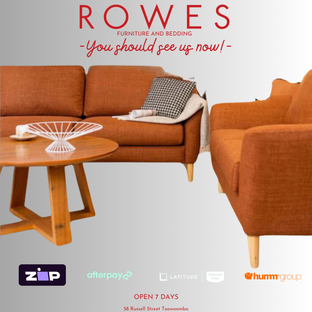 A set of brown upholstered living room furniture, including a sofa and armchairs around a circular wooden table, with a promotional banner at the top.