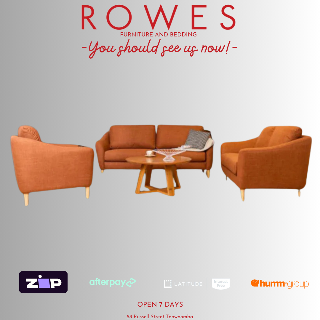 A set of brown upholstered living room furniture, including a sofa and armchairs around a circular wooden table, with a promotional banner at the top.