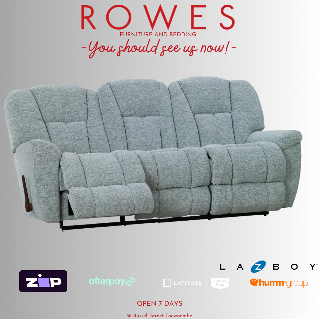 Gray sofa with promotional text and logos on a white background