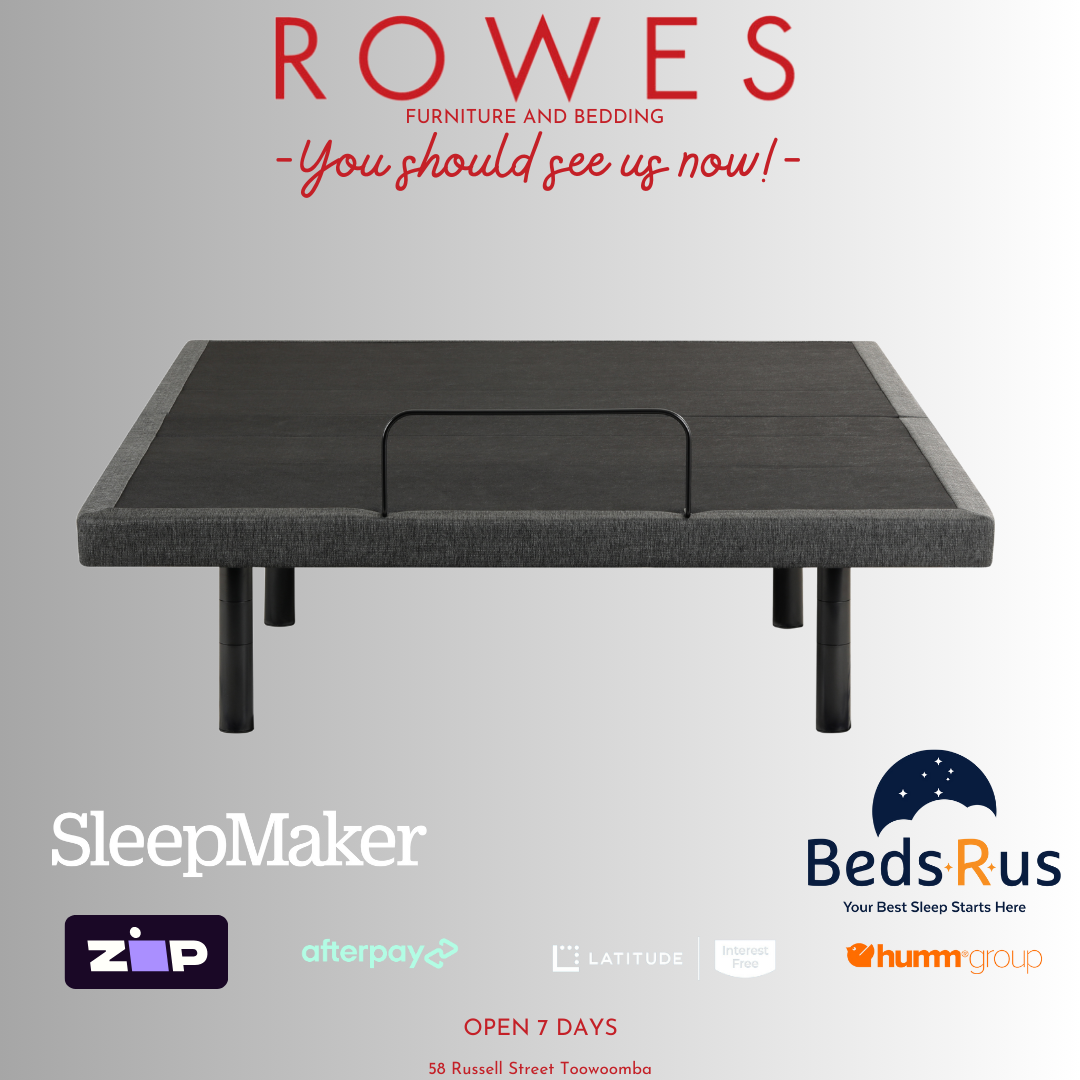 Gray bed frame with promotional text and logos on a gray background