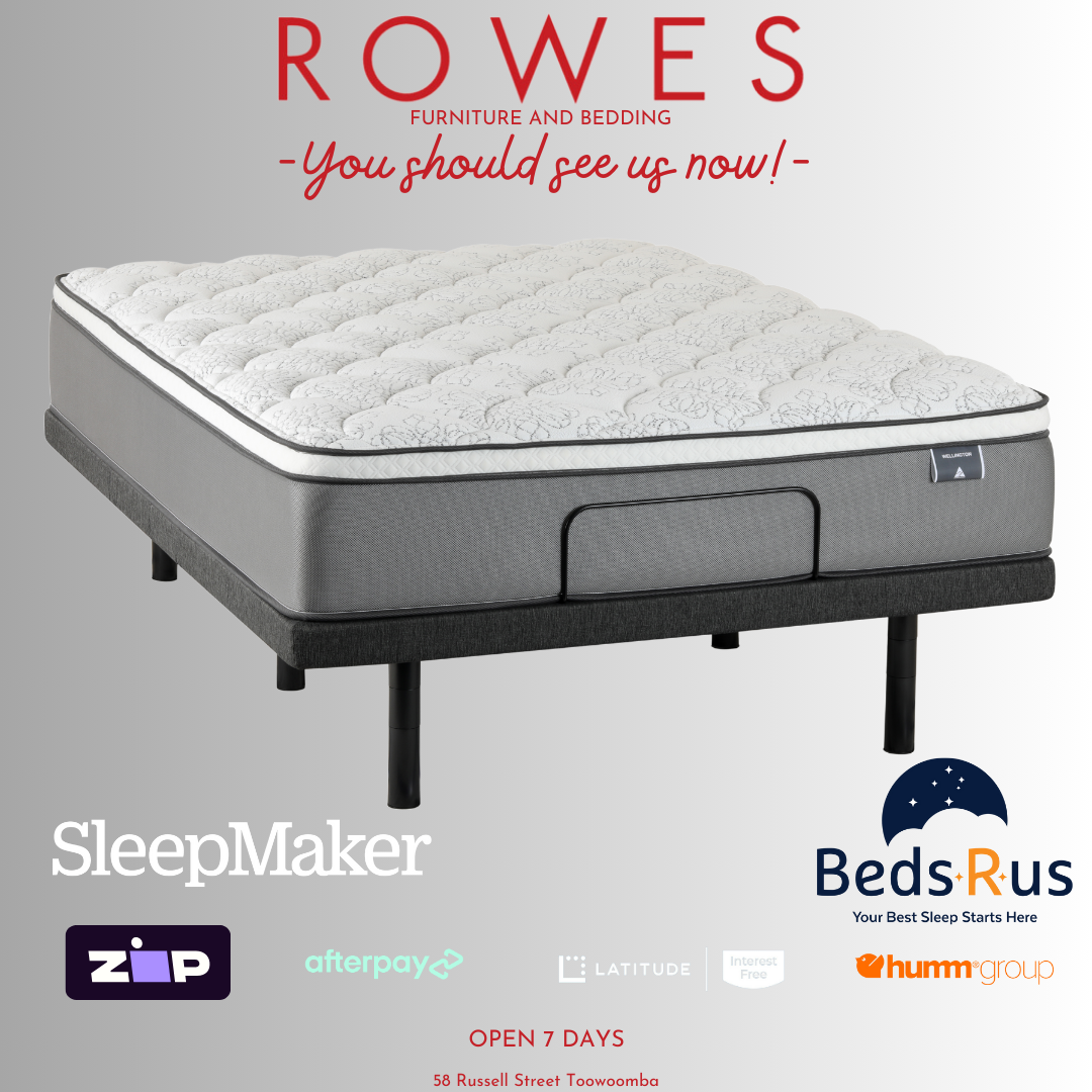 Gray mattress on a stand with 'Rowes Furniture and Bedding' text and logos.