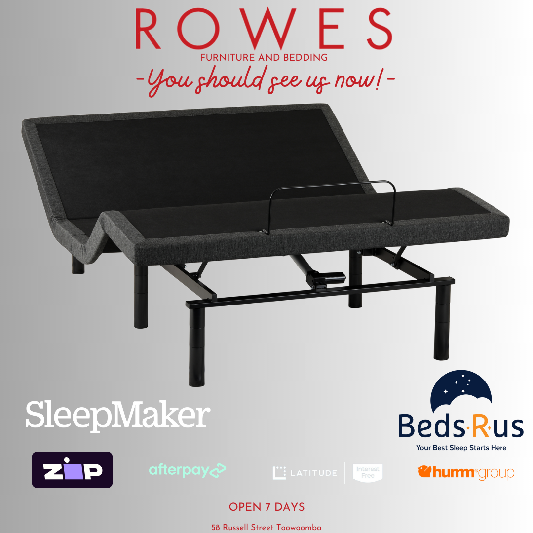 Black adjustable bed with promotional text and logos on a gray background