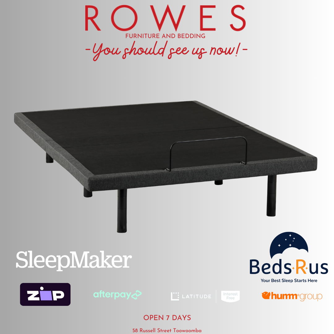 Black bed frame with promotional text and logos on a gray background