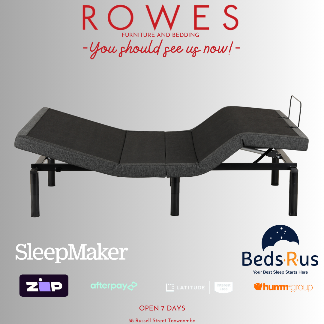 Adjustable bed with promotional text and logos on a gray background