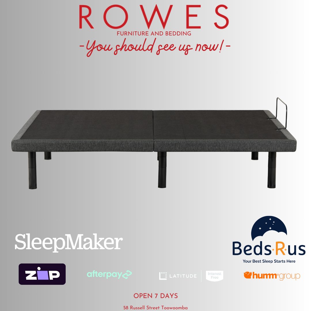 Black bed frame with promotional text and logos on a gray background