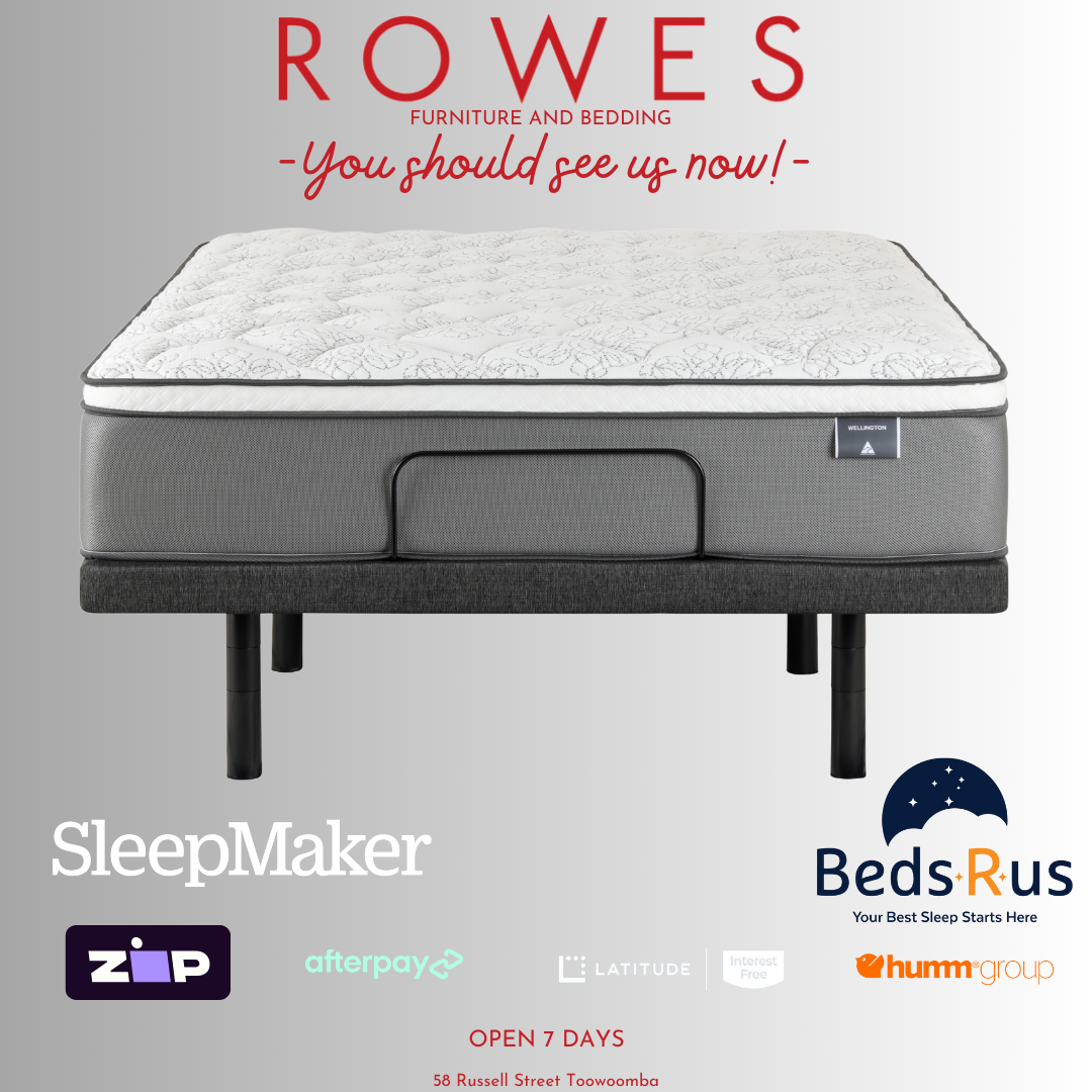Gray mattress on a white background with promotional text and logos for SleepMaker and Beds R Us.