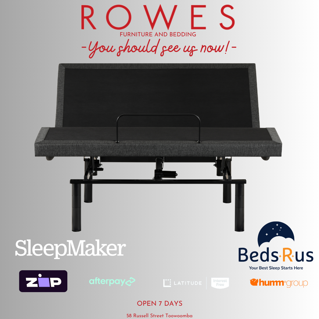 Black adjustable bed with promotional text and logos on a gray background